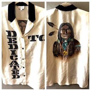 Vintage Otto Kern Silk Dedicated To Indian Native American Print Shirt Size S